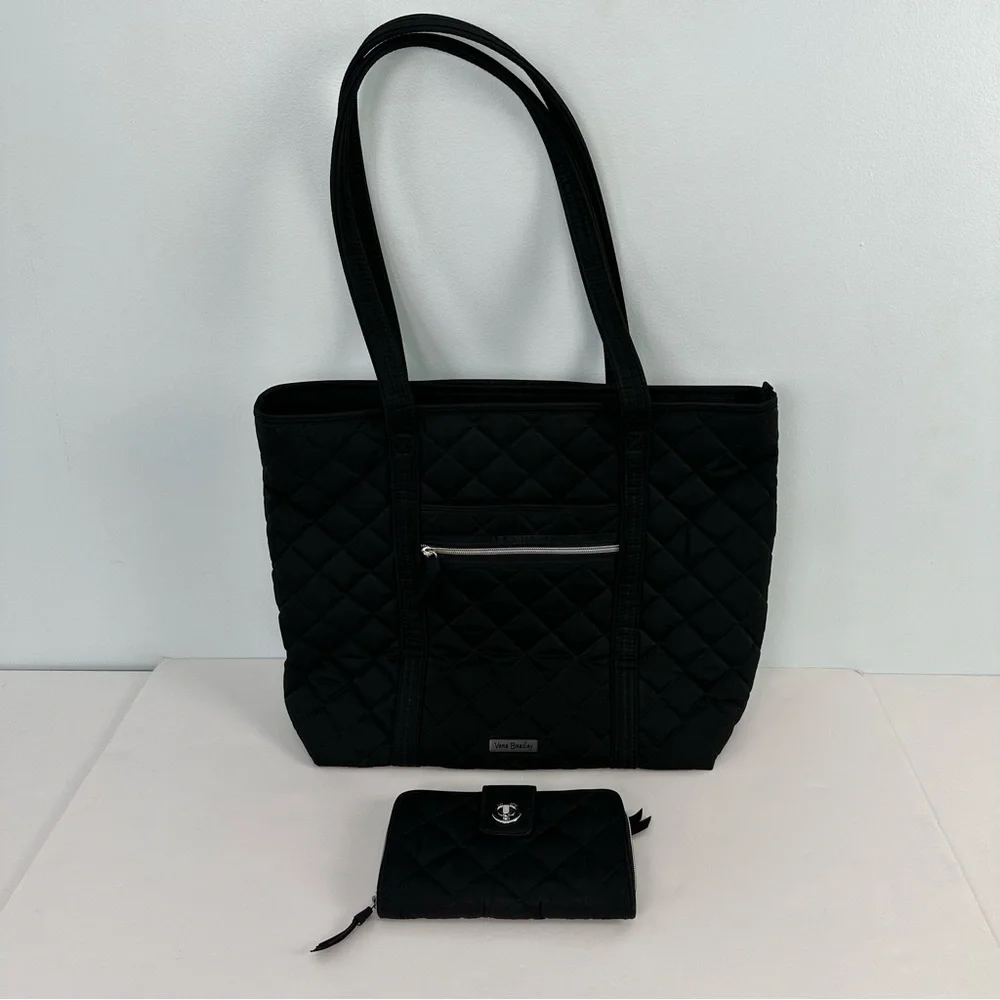 Vera Bradley Black Quilted Tote With Iconic RFID Wallet Floral Interior